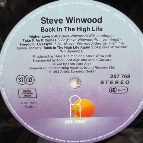 Disc Vinil LP Steve Winwood Back In The High Life Hifi Audio Mix