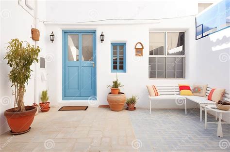 White Walls And Blue Doors In A Sunny Courtyard Stock Image Image Of