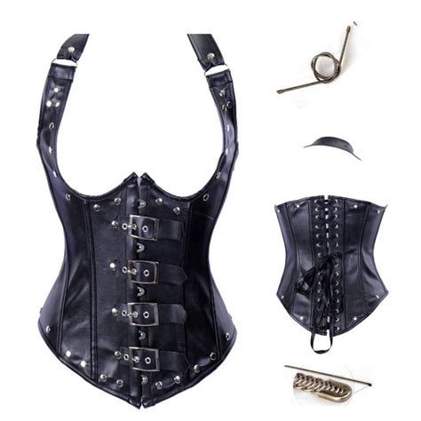 Leather Halter Cupless Rivet Underbust Corset With Buckles