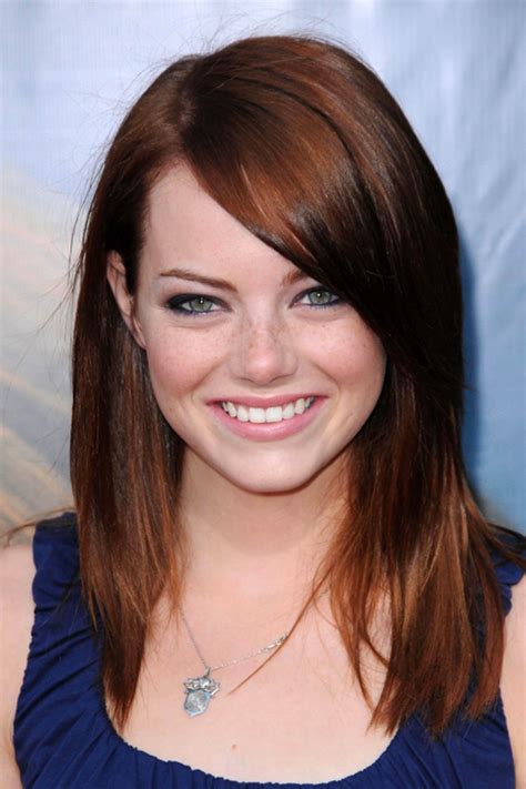 Emma Stone Straight Auburn Sideswept Bangs Hairstyle Steal Her Style