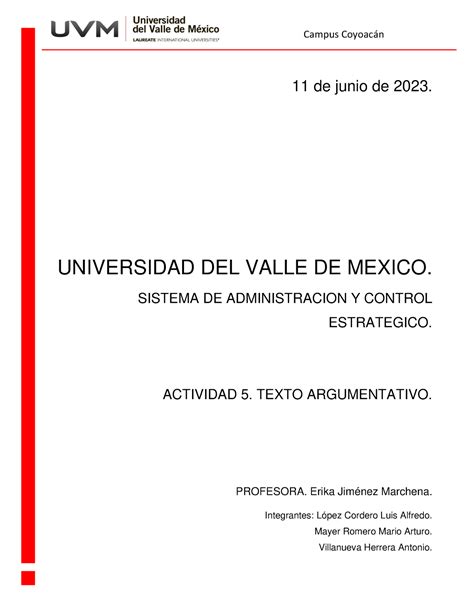 Actividad 5 De Repaso 11 De Junio De 2023 UNIVERSIDAD DEL VALLE DE