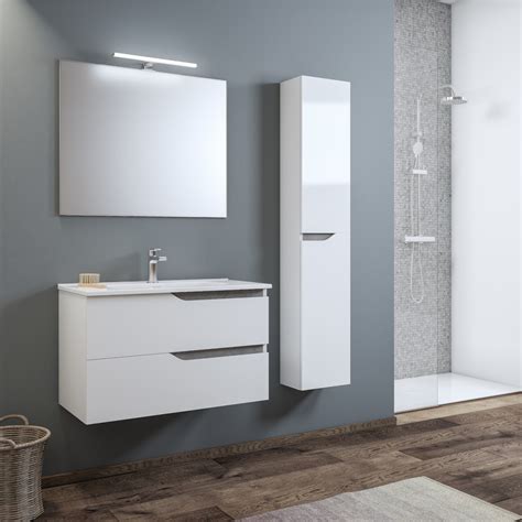 Mobile Bagno Sospeso Bianco Lucido Cm Doppio Cassetto Con Specchio