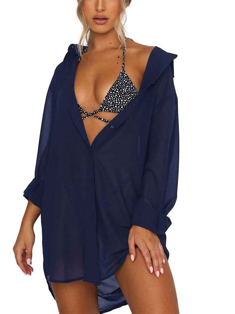 Women S See Through Bikini Cover Up Long Sleeve Solid Color Button Down Shirt Bathing Suit