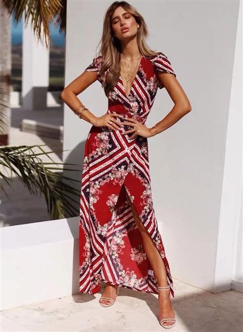 Boho V Neck Short Sleeve Floral High Slit Maxi Dress