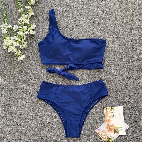 High Quality Single Shoulder Strap High Waisted Bikini Brazilian Set