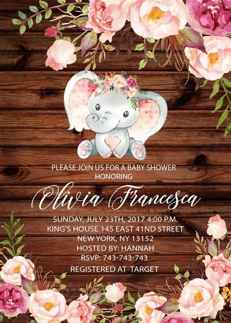 Rustic Baby Shower Invitation Baby Girl Party Elephant Theme Elephant