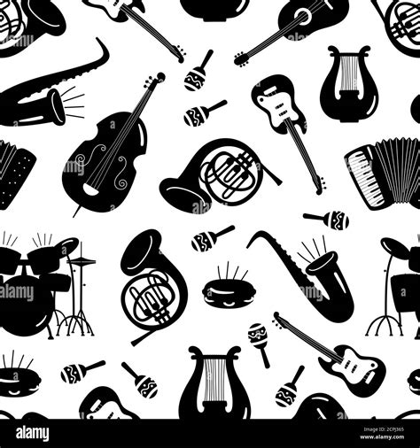 Black and white music instruments seamless pattern design. Guitar instrument for melody, jazz ...