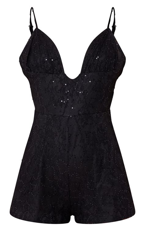 Black Strappy Lace Sequin Playsuit Jumpsuits And Playsuits Prettylittlething