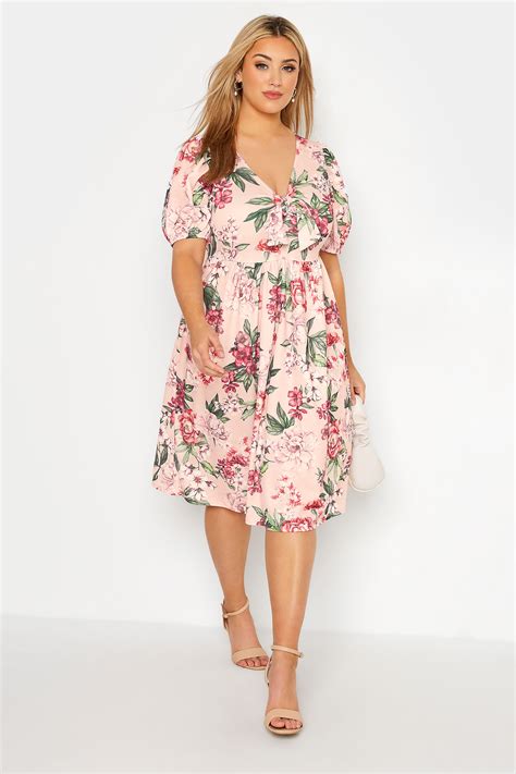 Yours London Plus Size Pink Floral Print Bow Front Midi Dress Yours