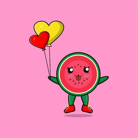 Premium Vector Cute Cartoon Watermelon Floating With Love Balloon Cartoon Vector Illustration