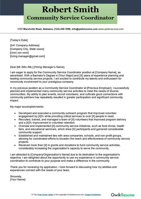 Community Service Coordinator Cover Letter Examples Qwikresume