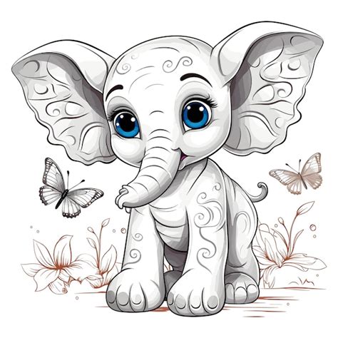 Premium Vector Cute Baby Elephant And Butterfly Outline Drawing