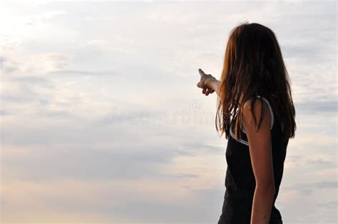 Girl Pointing Out To Clouded Sky Stock Photo Image Of Hand Sees