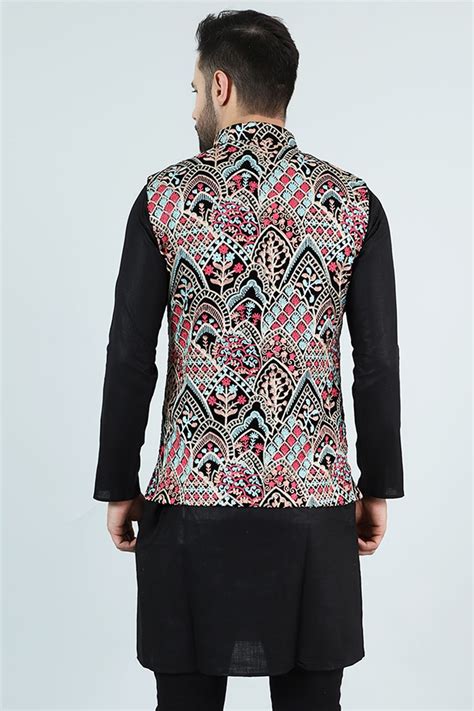 Wintage Mens Embroidered Velvet Multicolored Modi Nehru Jacket