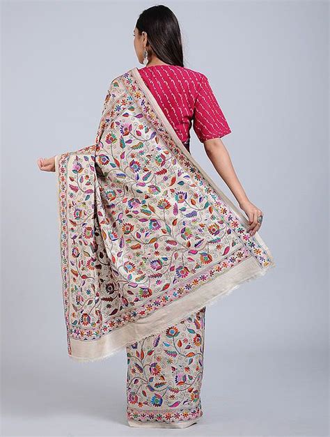 Buy Multicolored Kantha Embroidered Tussar Silk Saree Online At Jaypore