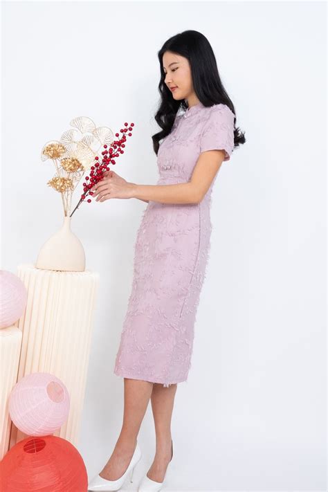 Suzette Fur Cheongsam Dress In Dust Purple 3inute