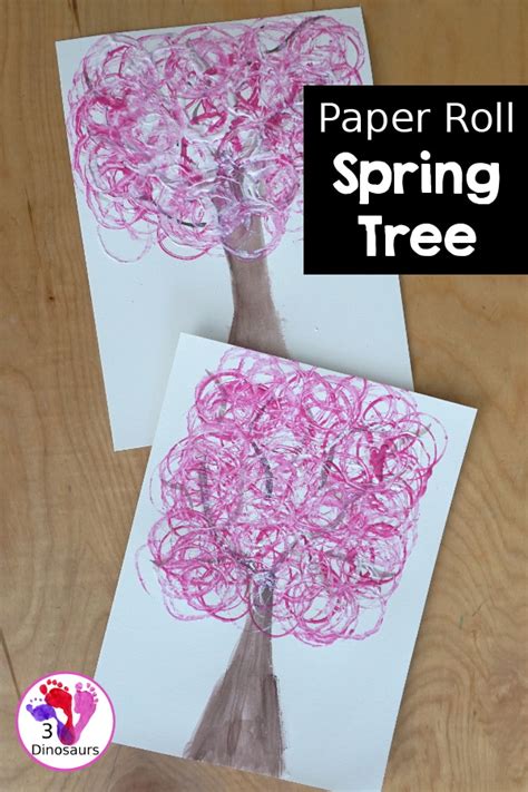 Paper Roll Painted Spring Tree 3 Dinosaurs