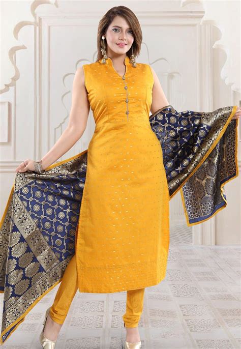 Yellow Brocade Readymade Churidar Salwar Kameez 168375 Stylish Dress