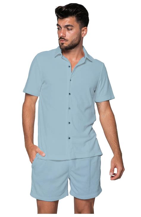 Siamo Verano Mens French Terry Cloth Button Down Shirt In Sky Blue