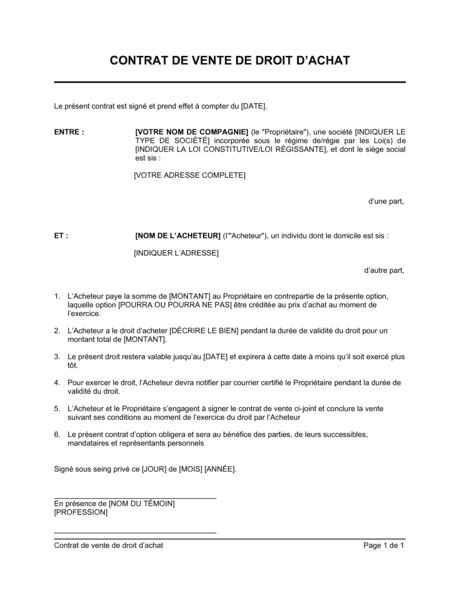 Contrat d option d achat Modèles Exemples PDF Biztree