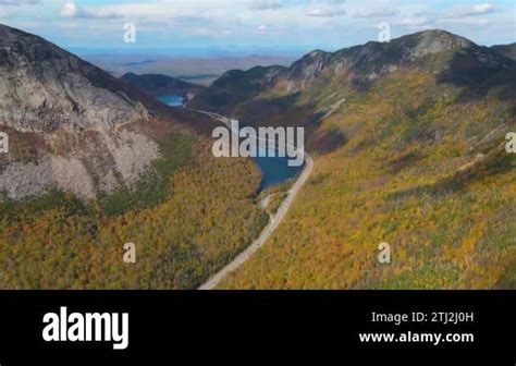 Franconia Notch With Fall Foliage Aerial View Including Profile Lake