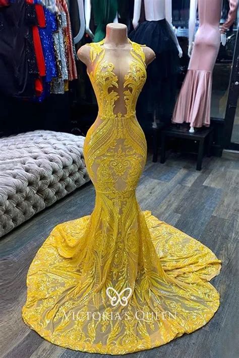 Sparkly Bright Yellow Sequin Plunging Neck Prom Dress - VQ