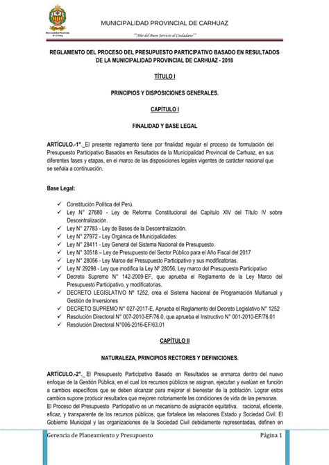 Pdf Reglamento Del Proceso Del Presupuesto La Municipalidad