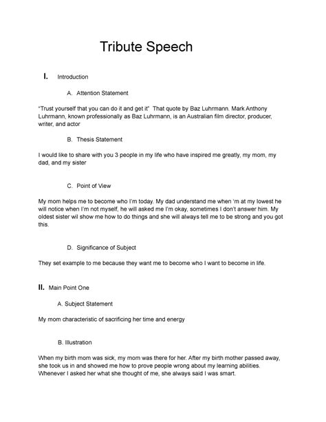 Tribute Speech Outline Tribute Speech I Introduction A Attention