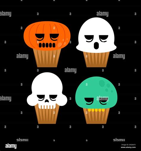 Halloween Cupcake Scull And Ghost Zombie And Pumpkin Set Cupcake For Holiday Vector