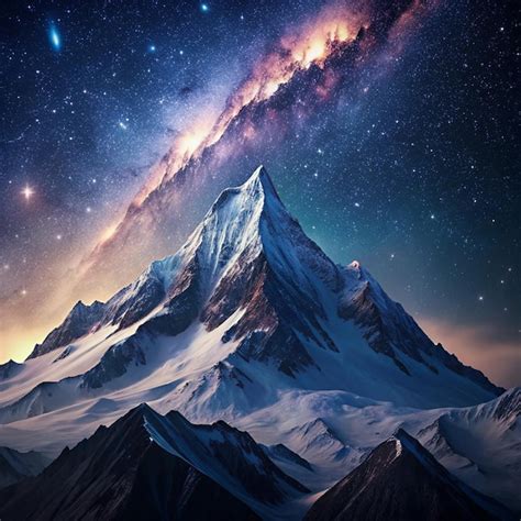 Snowy Mountain Peak Under Starry Galaxy Majesty Vector Illustration