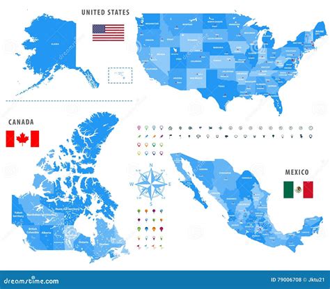 Maps of Canada, United States and Mexico with Flags and Location ...