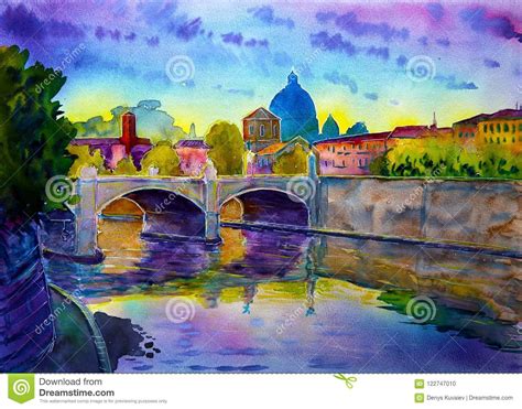 Watercolor Of The Basilica Sant Pietro Tiber River And Ponte Vittorio