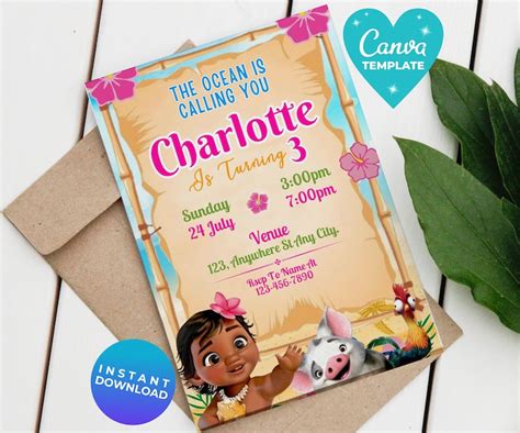 Editable Moana Birthday Invitation Moana Theme Party Etsy