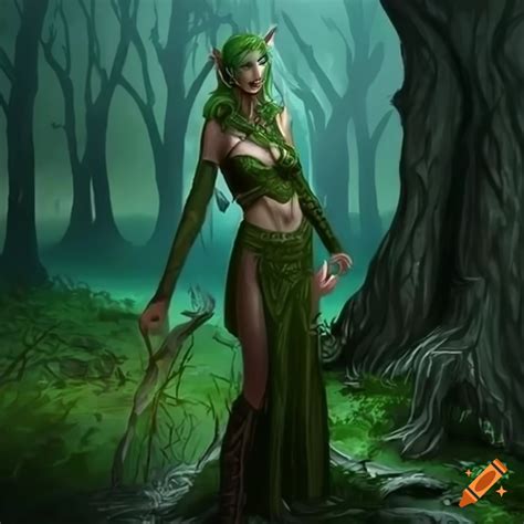 Dark Fantasy Illustration Of A Female Elf Druid In A Tree