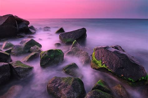 Sea The Sky Algae Landscape Sunset Stones Rocks Horizon Hd