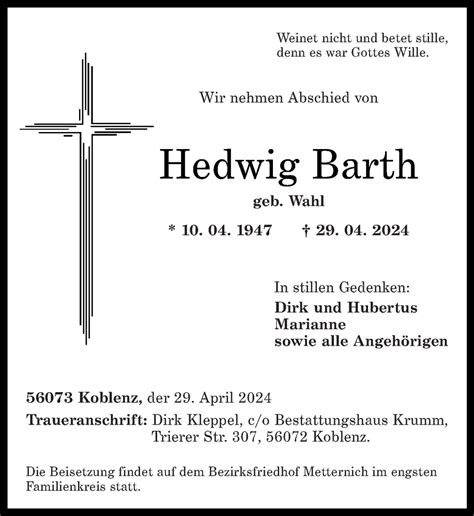 Traueranzeigen Von Hedwig Barth Rz Trauer De