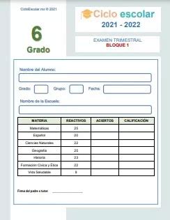 Examen Trimestral Bloque 1 Sexto Grado 2021 2022 Ciclo Escolar