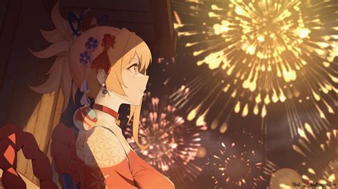 Yoimiya Watching Festival Night Fireworks Genshin Impact 4k Wallpaper