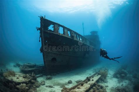 Shipwreck Discovery With Diver In Foreground Exploring The Sunken