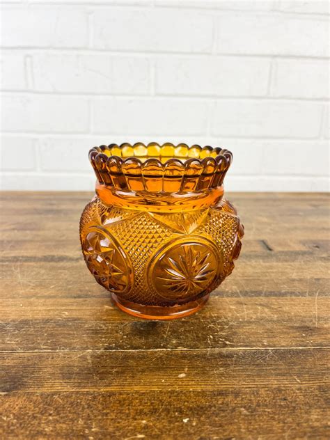 Vintage Amber Glass Candle Holder With Star And Sunburst Etsy