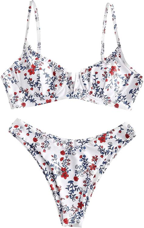 Womens Underwire Bikini Floral High Leg Bikini Set V Wired Two Piece