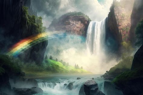 Cascada mágica con arco iris rodeada de niebla y vegetación Foto Premium