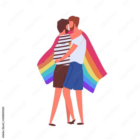 Homosexual Cartoon Male Couple Hugging Covering Rainbow Flag Vector