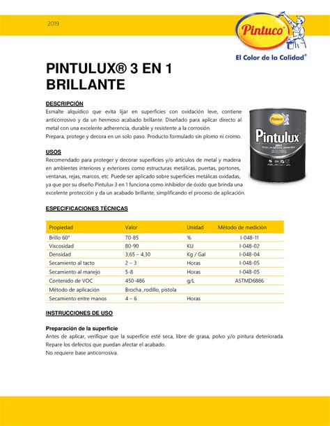 Ficha Tec Pintulux En Brillante Pintuco Pintulux En