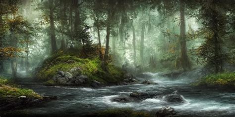 Beautiful Matte Painting Of River In Forest Fantasy Stable Diffusion