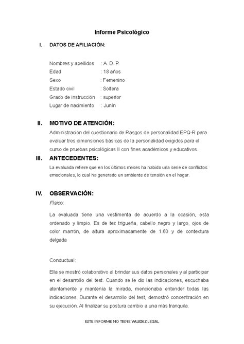 Test De La Peronalidad Epq R Informe Psicol Gico I Datos De