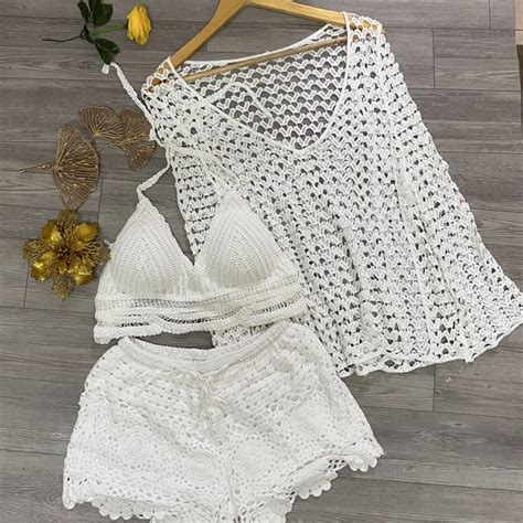 34 Set bikini ren móc đi biển 3 món gồm choàng cổ tim bra quần sóc hoa Shopee Việt Nam