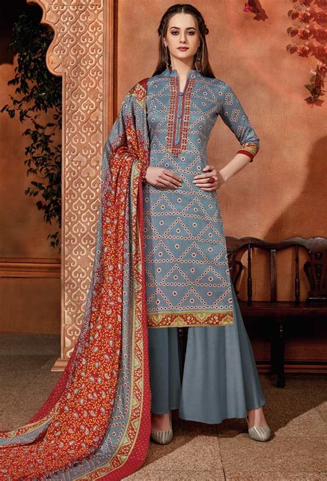 Grey Pure Zam Cotton Printed Pakistani Salwar Kameez Pakistani Salwar