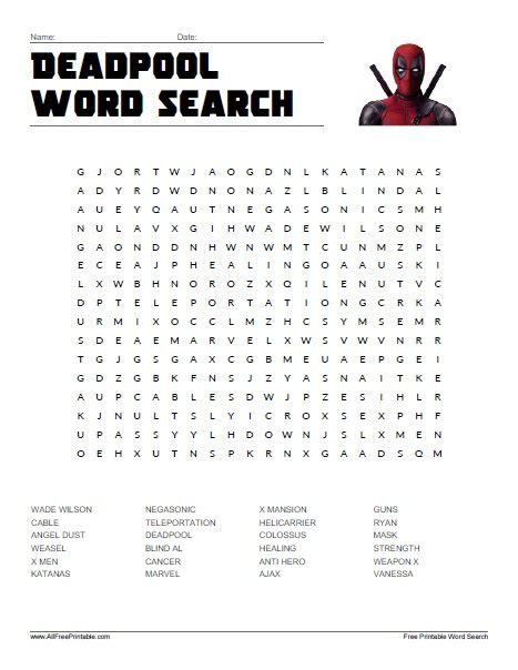 Deadpool Word Search Free Printable