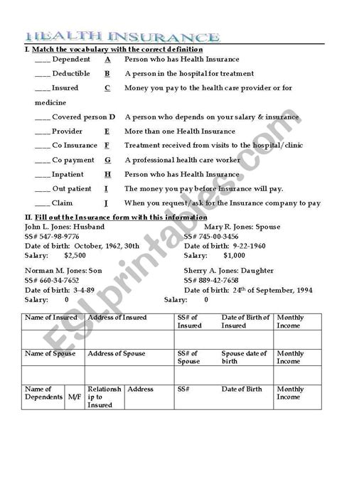 Health Insurance ESL Worksheet By Mkyllo Worksheets Library